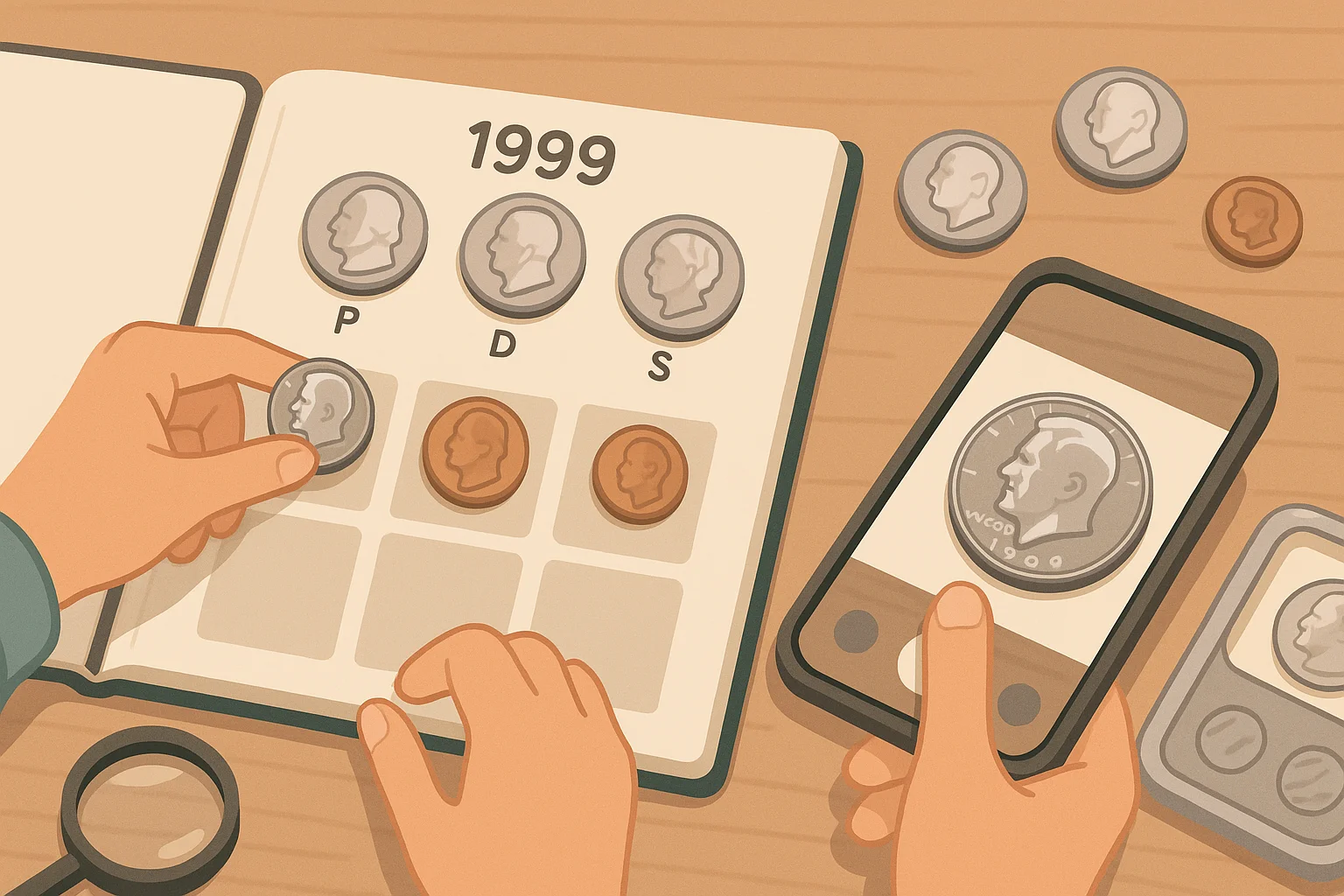 People are filling a coin album in a chronological way.