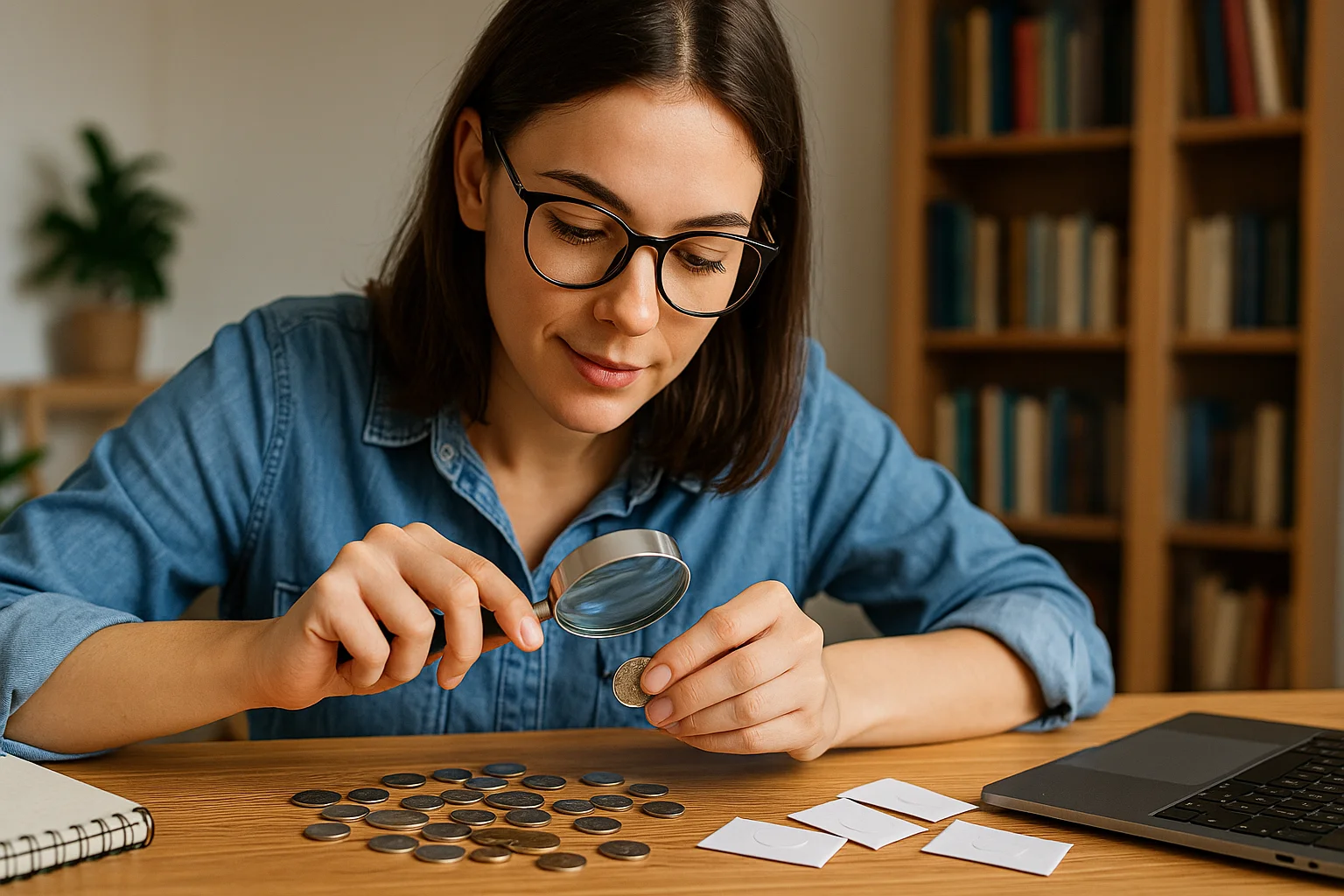 A new collector studies circulated coins with a magnifier, learning to evaluate details and organize her collection without spending much.