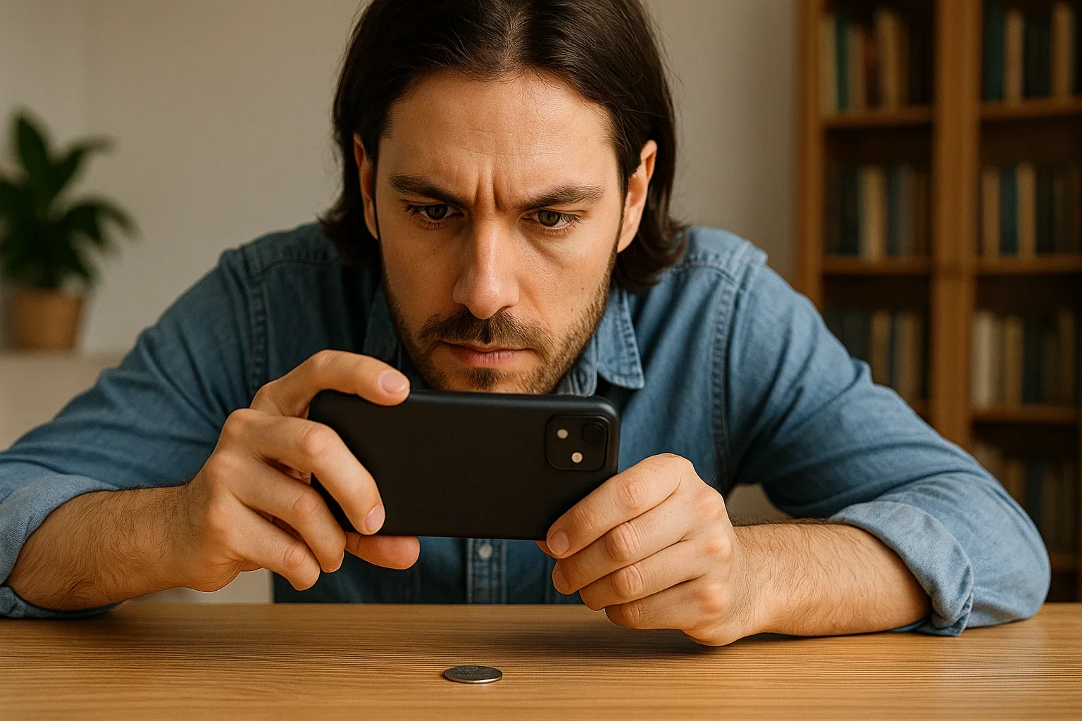 A beginner collector photographs a coin on the table to document his finds and try app identification.