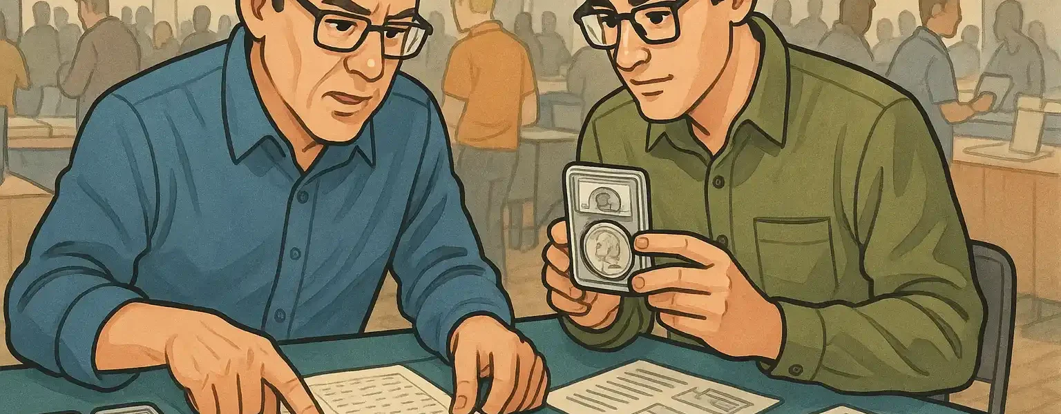 Two coin collectors discuss graded coins at the coin show in the crowd.