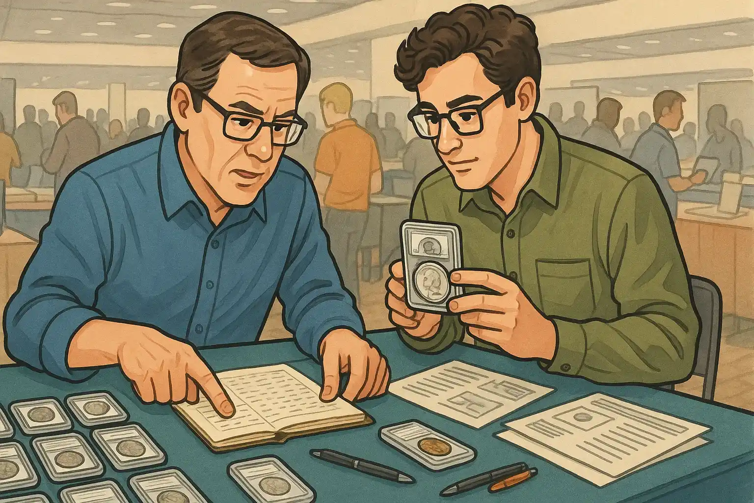 Two coin collectors discuss graded coins at the coin show in the crowd.