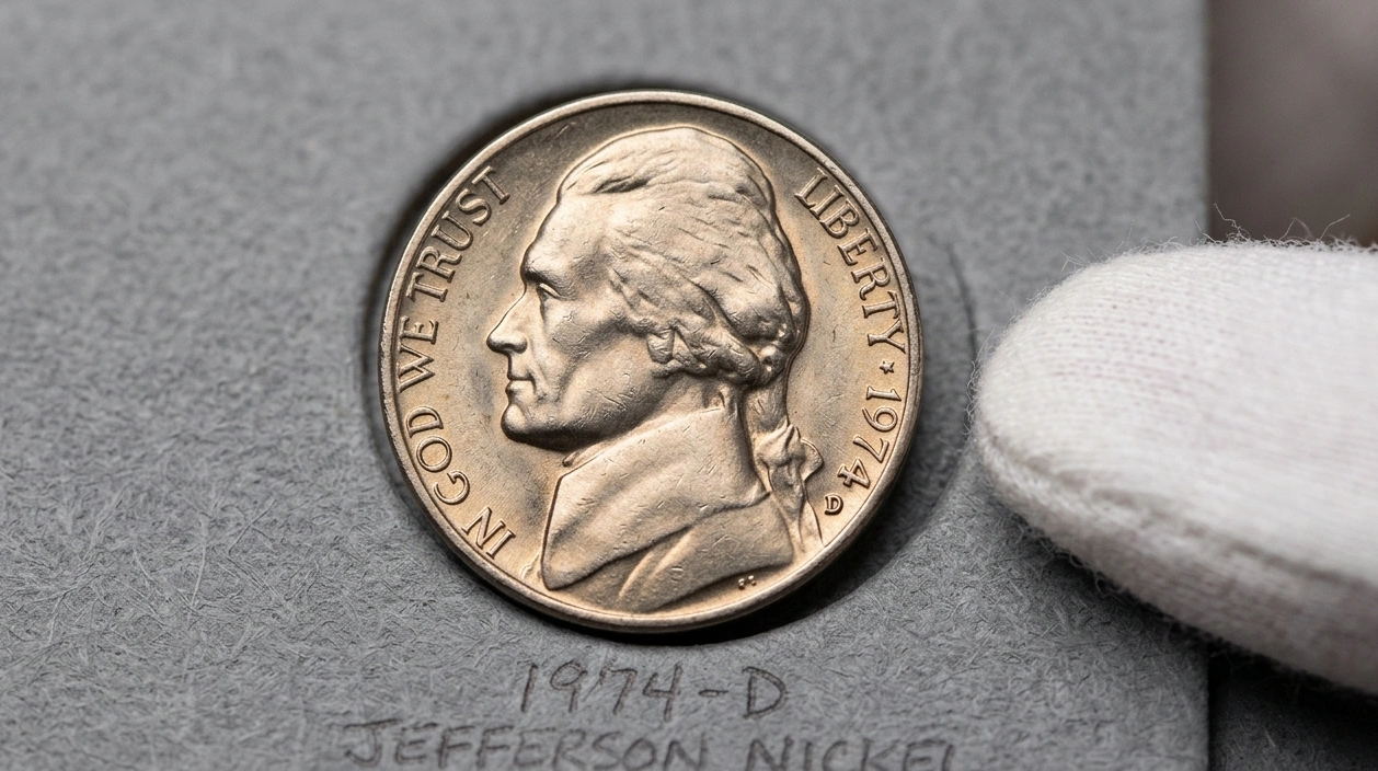 close-up of a 1974 Jefferson nickel resting on a gray coin album page